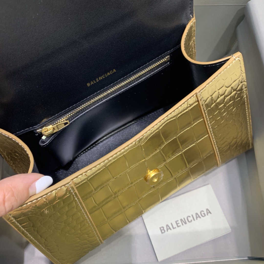 Balenciaga Hourglass Small Handbag Crocodile Embossed Shoulder Bag Gold